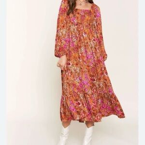 In The Beginning Shop Neighbor Floral Balloon Sleeve Baby Doll Style Midi Dress